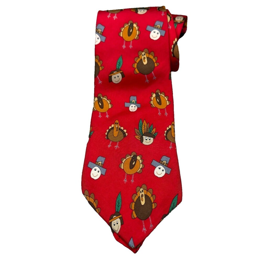 Save the Children Red Silk Tie‎ THANKSGIVING Turkey Vintage 90s USA Made Necktie